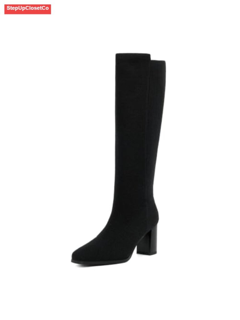 Stretchy Knee High Boots Women Square Toe Chunky Block Heel Pull On Knit Tall